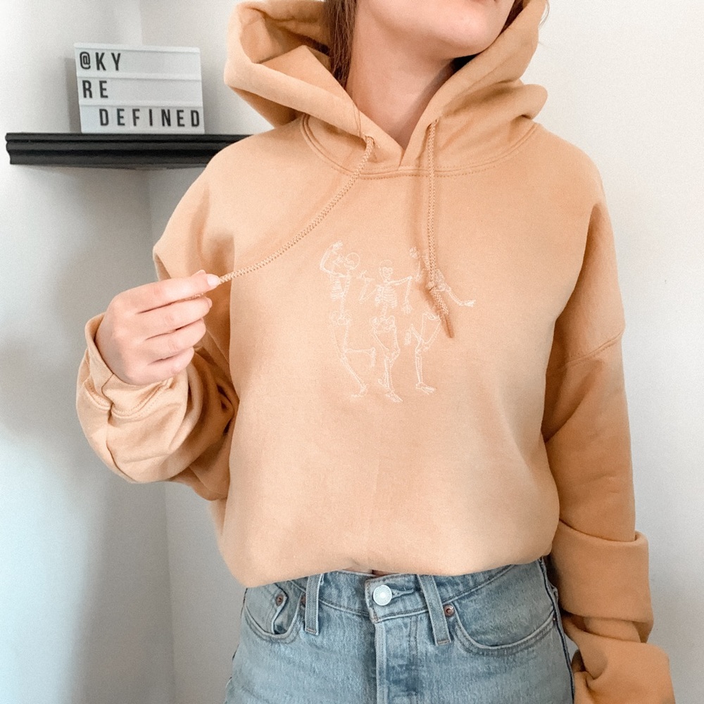Custom Embroidered Gold Tan Dancing Skeleton Halloween Unisex Hoodie